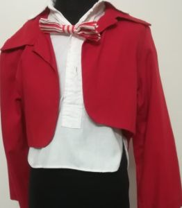 Kids Costumes to Hire - Red Jacket, White Shirt, Red & white Stripe Bowtie, Black Pants - CHILD